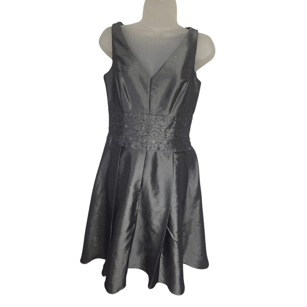 Jones Wear Dress Womens 4 Metallic Grey Beaded Waist Fit Flare Cocktail Party